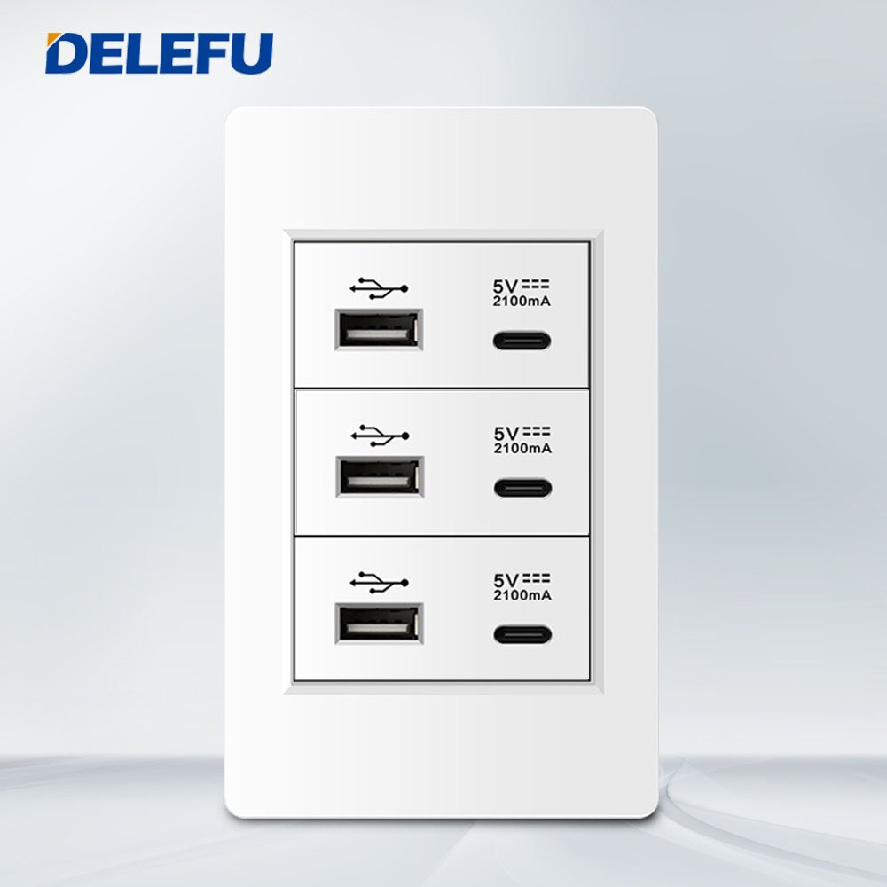 DELEFU 118*74mm Brazil Standard 20A Power Wall Socket Black/White/Grey PC Panel Charge USB C Wall Socket Plugs & Sockets