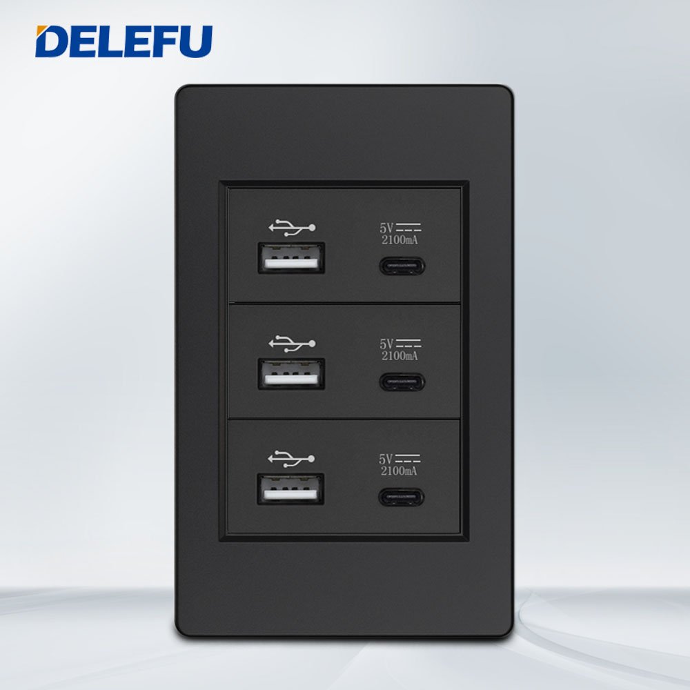 DELEFU 118*74mm Brazil Standard 20A Power Wall Socket Black/White/Grey PC Panel Charge USB C Wall Socket Plugs & Sockets