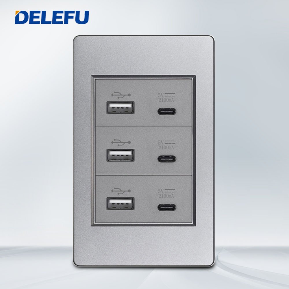 DELEFU 118*74mm Brazil Standard 20A Power Wall Socket Black/White/Grey PC Panel Charge USB C Wall Socket Plugs & Sockets