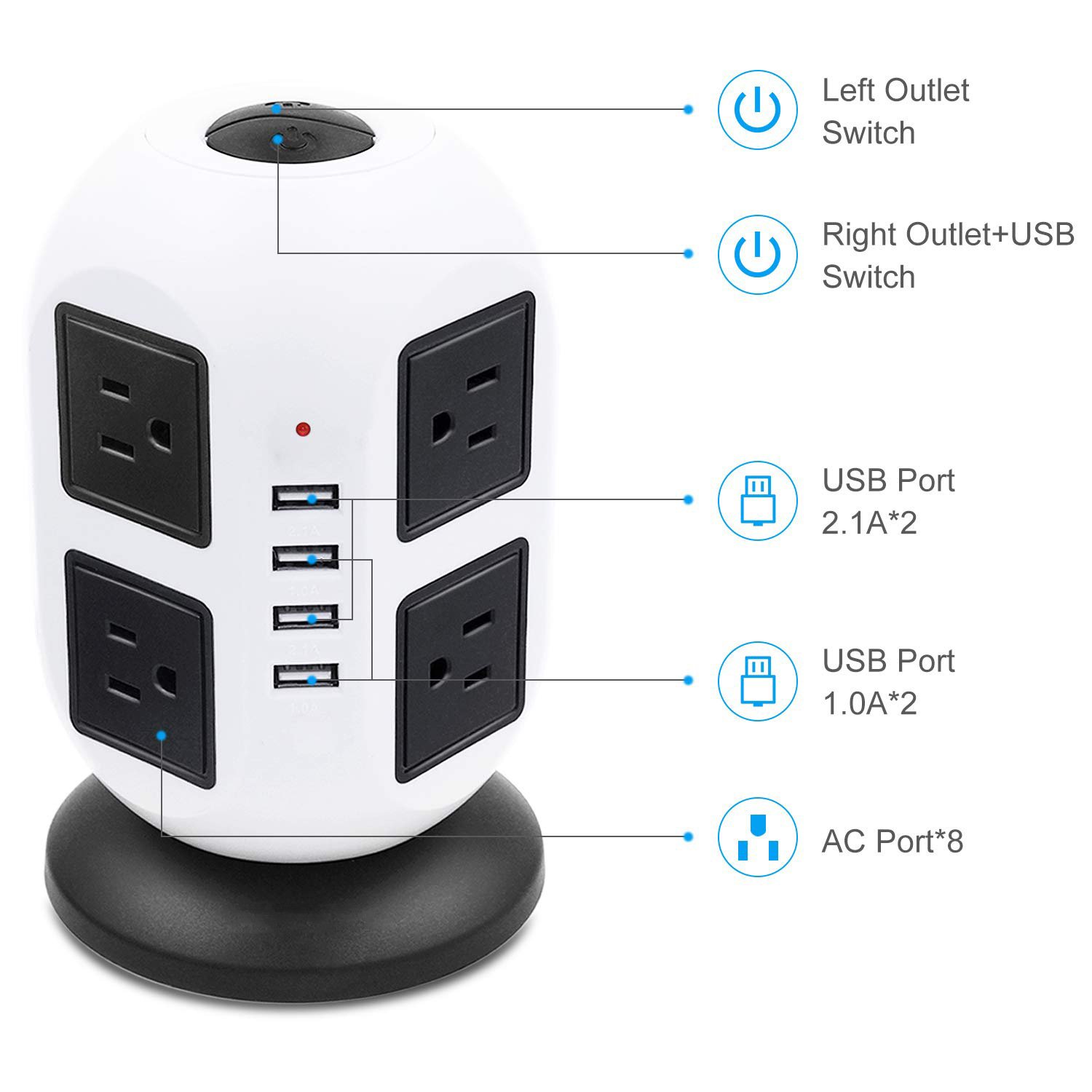 Power Strip Tower with USB C Ports Surge Protector with 6 FT Extention Cord, Multi Outlet Tower for Home Office Desk, Dorm Room
