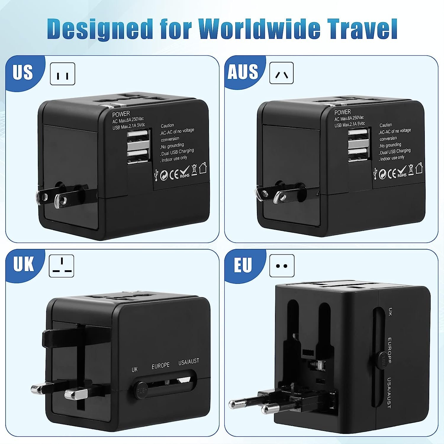 Smart4-in-1 universal plug adapter 2 USB 2.1A/5V suitable for the United States/UK/EU/AU