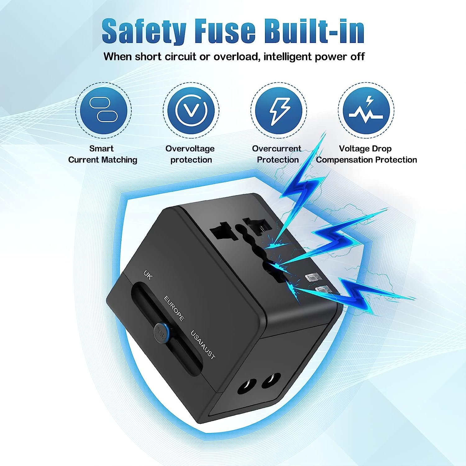 Smart4-in-1 universal plug adapter 2 USB 2.1A/5V suitable for the United States/UK/EU/AU