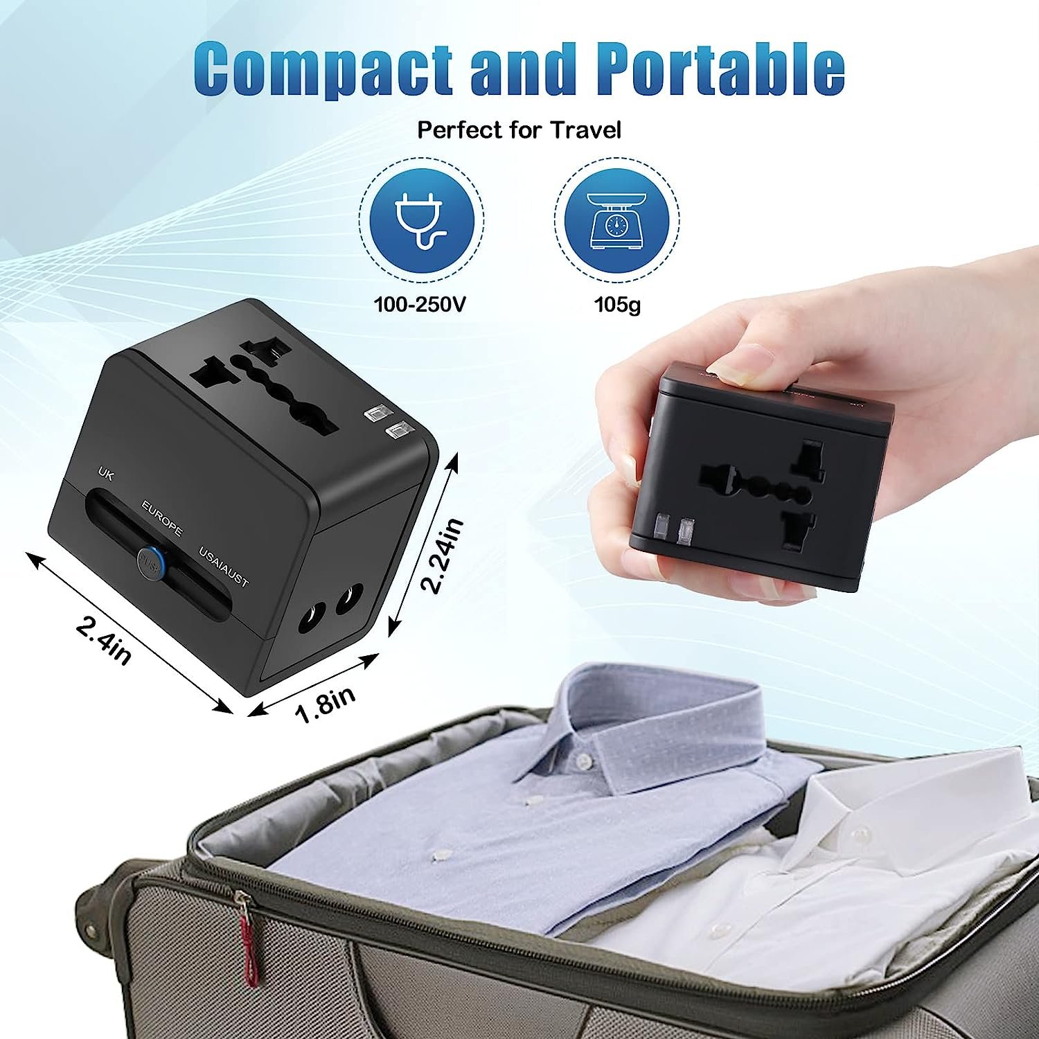 Smart4-in-1 universal plug adapter 2 USB 2.1A/5V suitable for the United States/UK/EU/AU