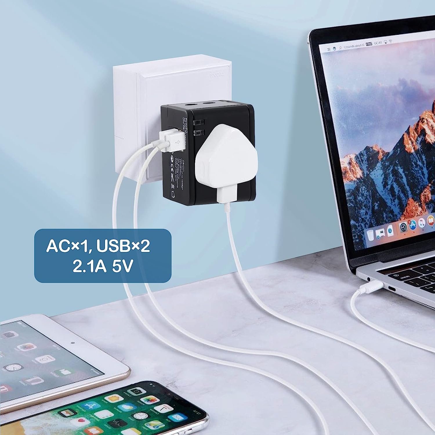 Smart4-in-1 universal plug adapter 2 USB 2.1A/5V suitable for the United States/UK/EU/AU