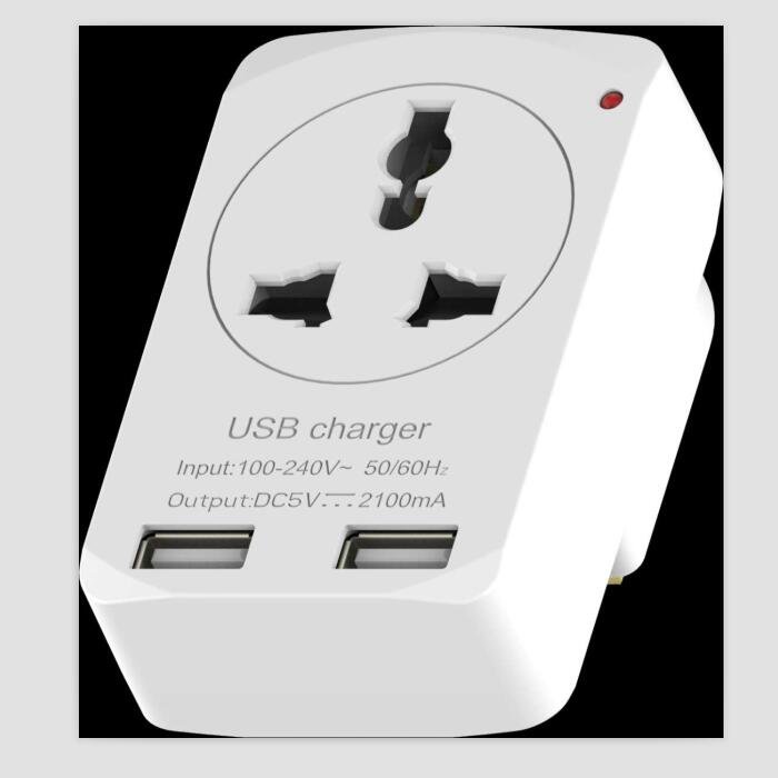 13A 250V Multi socket UK to 3 universal plug adaptor with indicator light and 2 way USB( DC5V, 2.1A)