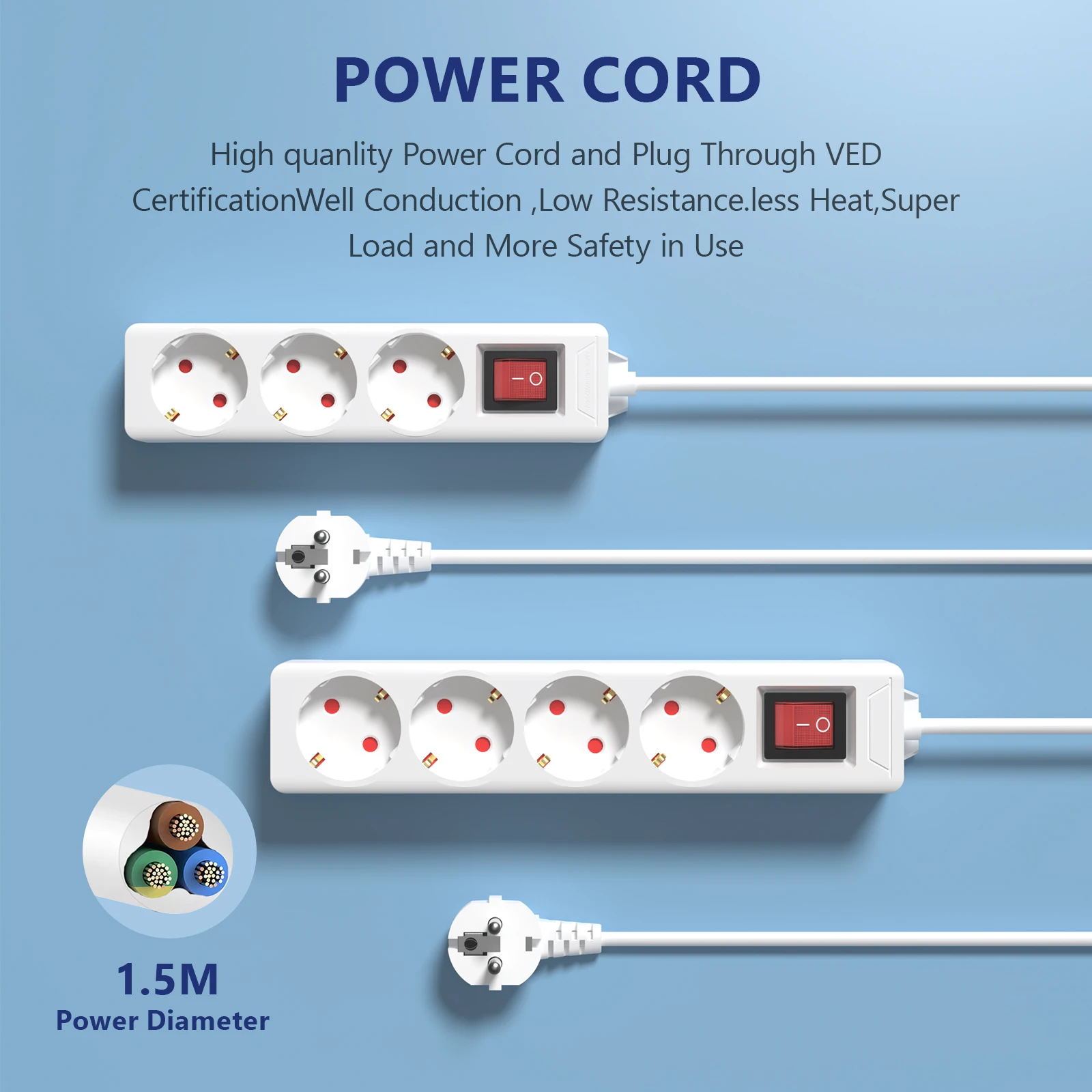 EU electric power strip 3 socket surge protector universal 3 pin plug outlet extension cable with safe protector