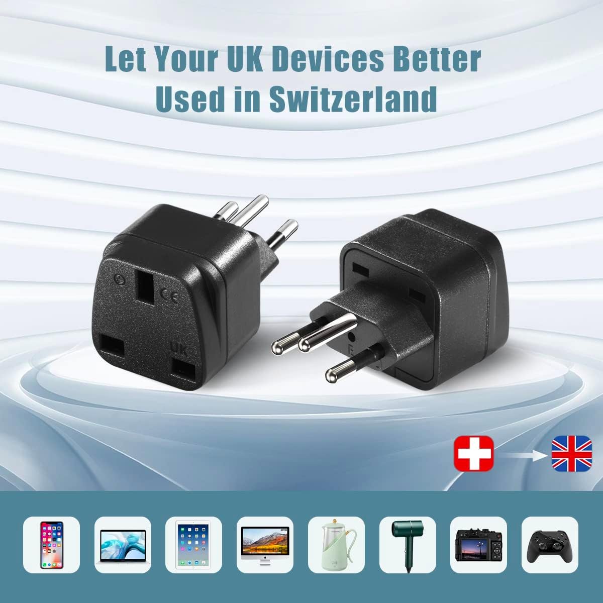 UK to Switzerland Plug Adapter Swiss Adaptor Plug- Compact & Lightweight for Travel Plug Adapter