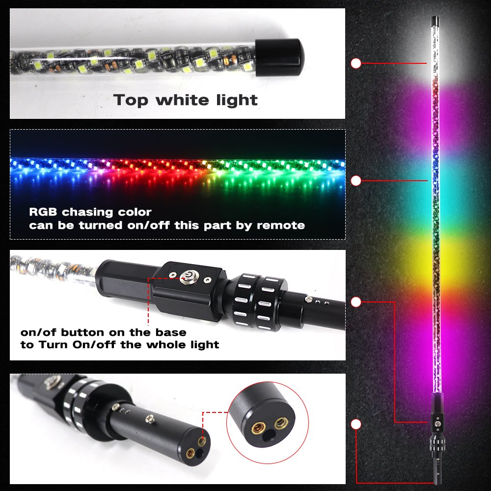 Spiral Boat Whip With Top White Light 3ft 4ft LED All-Around Stern Pole Light Mount Marine Stern Light For Boat Plug and Play