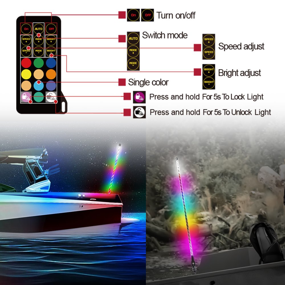 Spiral Boat Whip With Top White Light 3ft 4ft LED All-Around Stern Pole Light Mount Marine Stern Light For Boat Plug and Play