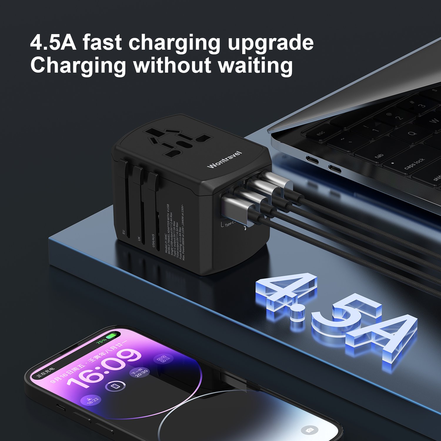 Wontravel 4.5A Global Type C Worldwide Charger Travel Adaptor Universal Travel Adapter for Mobile Phones Charging