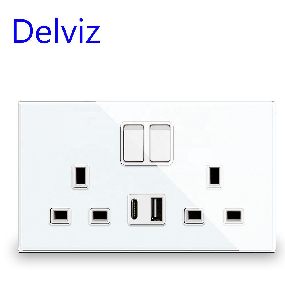 Delviz British Standard Electrical plugs Double Outlet, 18W Type-C Ports Quick charge,Crystal glass UK 13A Wall Power USB Socket