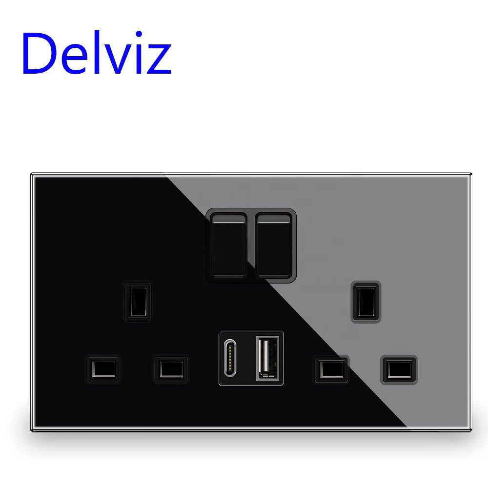 Delviz British Standard Electrical plugs Double Outlet, 18W Type-C Ports Quick charge,Crystal glass UK 13A Wall Power USB Socket