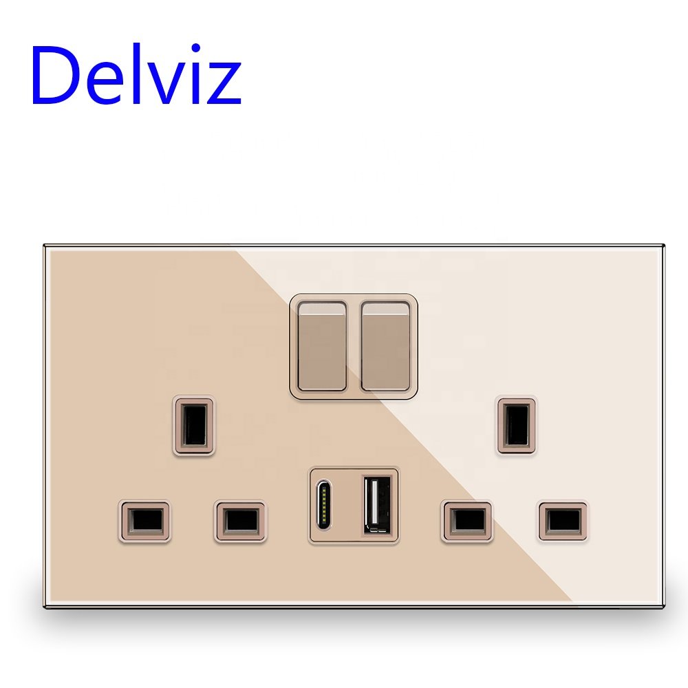 Delviz British Standard Electrical plugs Double Outlet, 18W Type-C Ports Quick charge,Crystal glass UK 13A Wall Power USB Socket