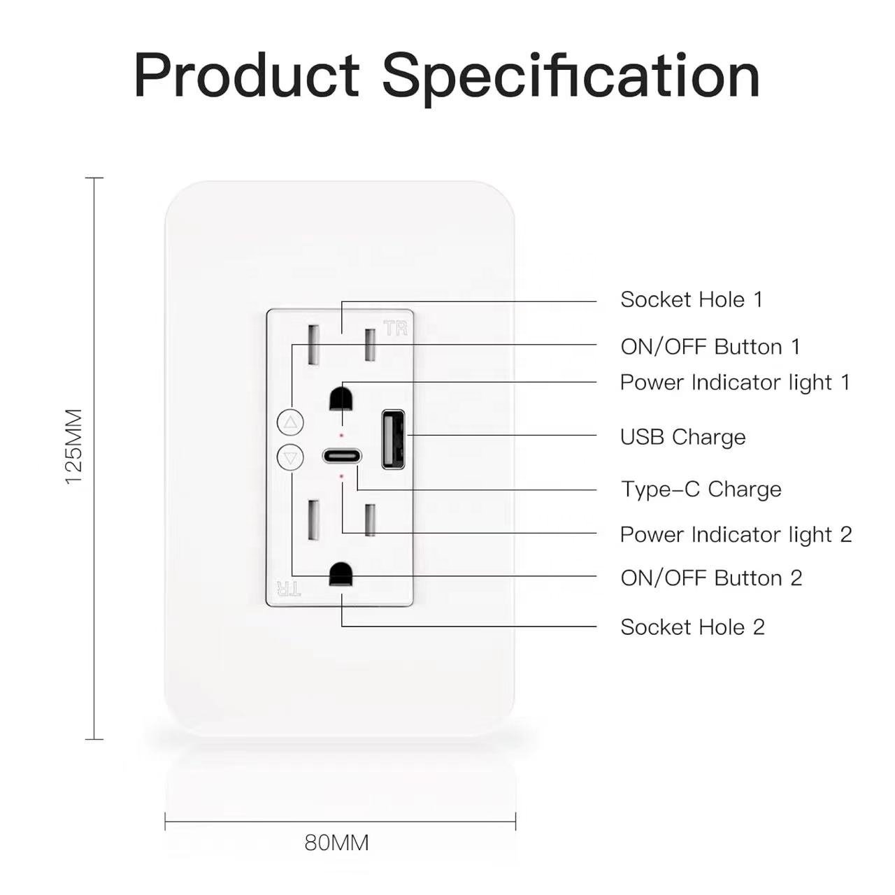 15A US Standard Type C and USB Charger Smart WiFi In Wall Plug Socket Smart USB Wall Outlet Socket Receptacle with Type-C USB