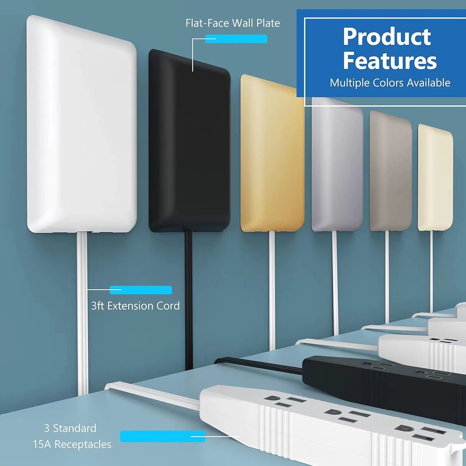 Flat Face Outlet Extender Ultra-Thin Wall Plate Plug with Cord Extender and 3-Outlet Power Strip