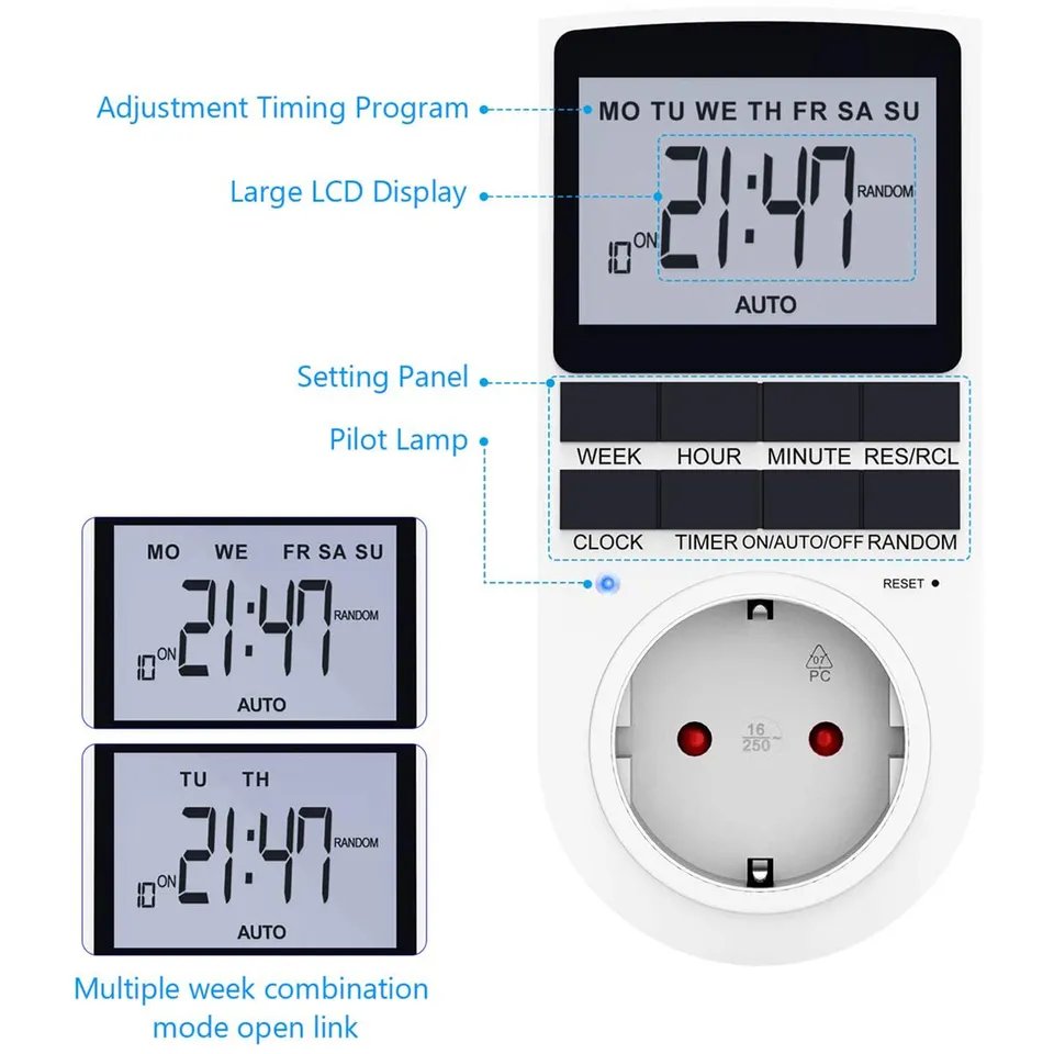 12/24 Hour Cyclic Timer Switch Electronic Digital Power Socket EU/US Plug Kitchen Timer Plug 220V