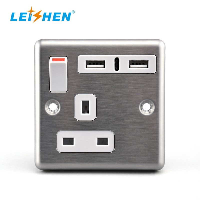 230V 13 A Metal Plate Switch Plug Socket Single Gang 1 Gang UK Wall Socket Twin 2USB + Type C 3 Pin Uk Electric Wall Outlet
