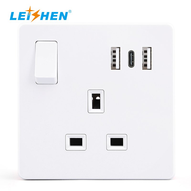 230V 13 A Metal Plate Switch Plug Socket Single Gang 1 Gang UK Wall Socket Twin 2USB + Type C 3 Pin Uk Electric Wall Outlet