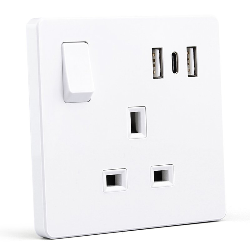230V 13 A Metal Plate Switch Plug Socket Single Gang 1 Gang UK Wall Socket Twin 2USB + Type C 3 Pin Uk Electric Wall Outlet