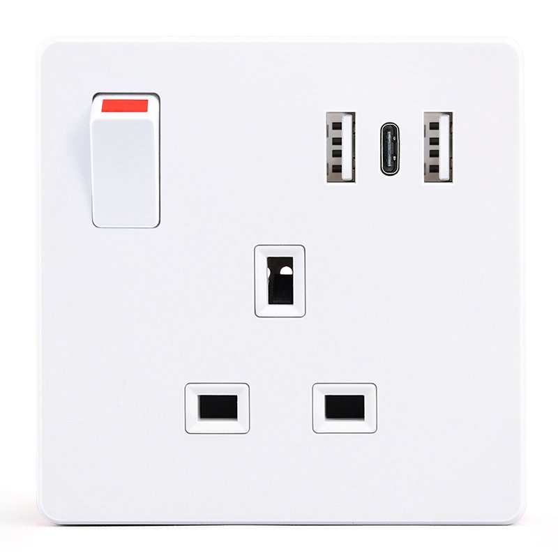 230V 13 A Metal Plate Switch Plug Socket Single Gang 1 Gang UK Wall Socket Twin 2USB + Type C 3 Pin Uk Electric Wall Outlet