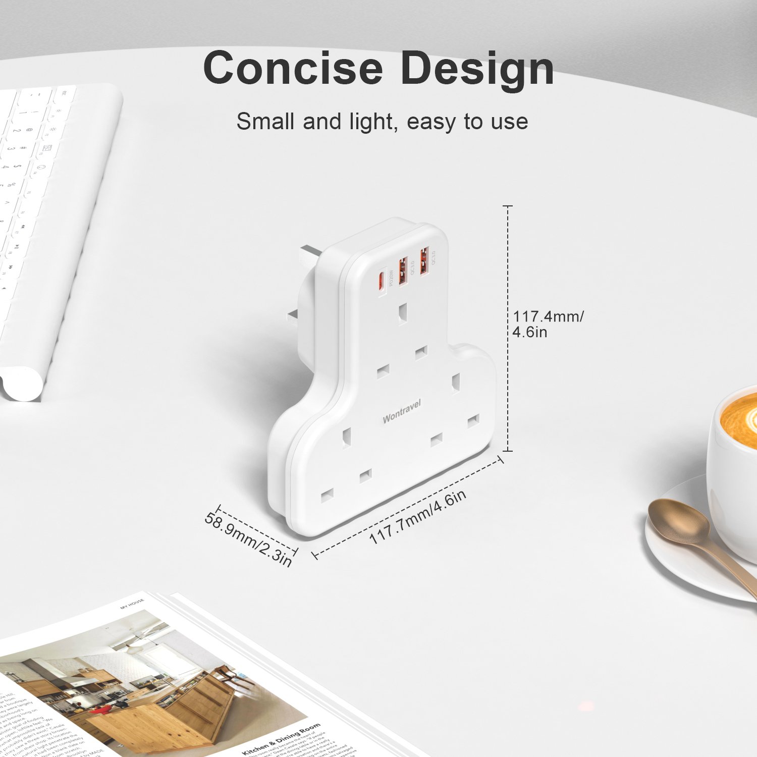 Wontravel 3 Way UK Outlet Wall Plug Adapter 3 Prong T Shaped Wall Tap with PD 20W