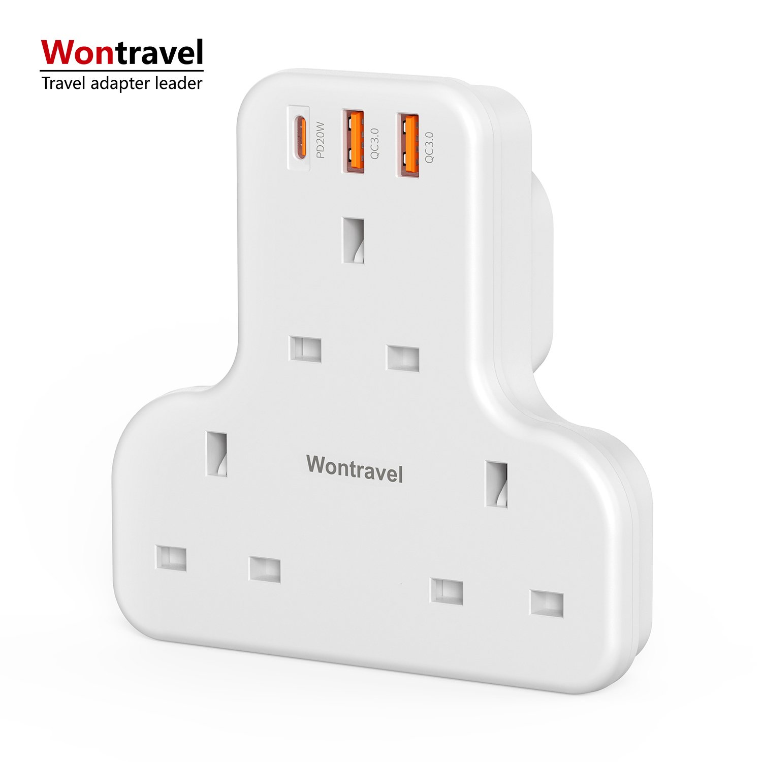 Wontravel 3 Way UK Outlet Wall Plug Adapter 3 Prong T Shaped Wall Tap with PD 20W