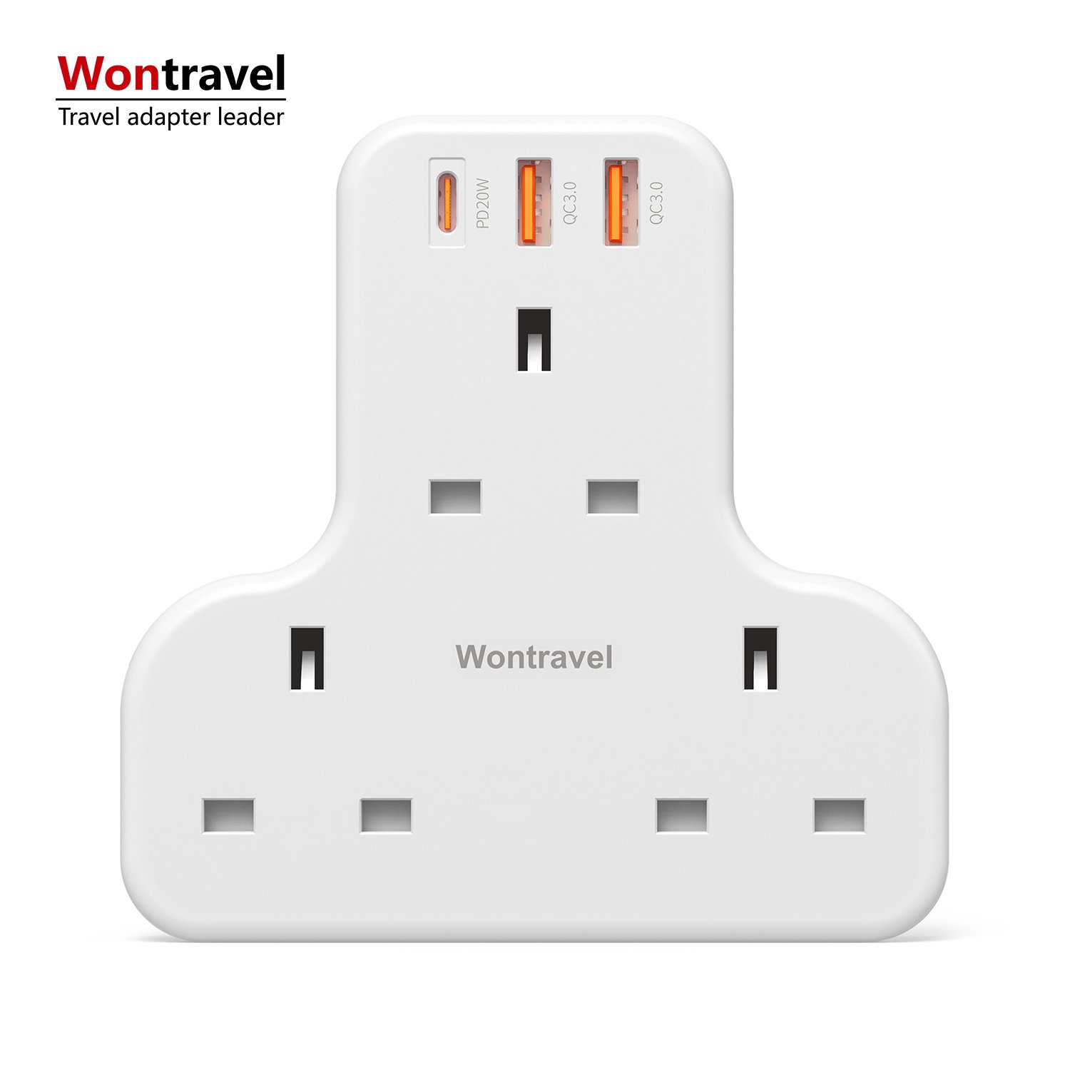 Wontravel 3 Way UK Outlet Wall Plug Adapter 3 Prong T Shaped Wall Tap with PD 20W