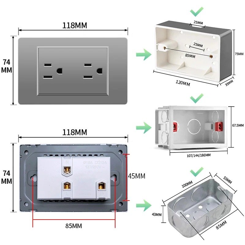 US Mexico Wall Light Switch Socket 5V 2.1A USB Type-c Charger Plug,Golden Glass Panel American Standard Power Outlet
