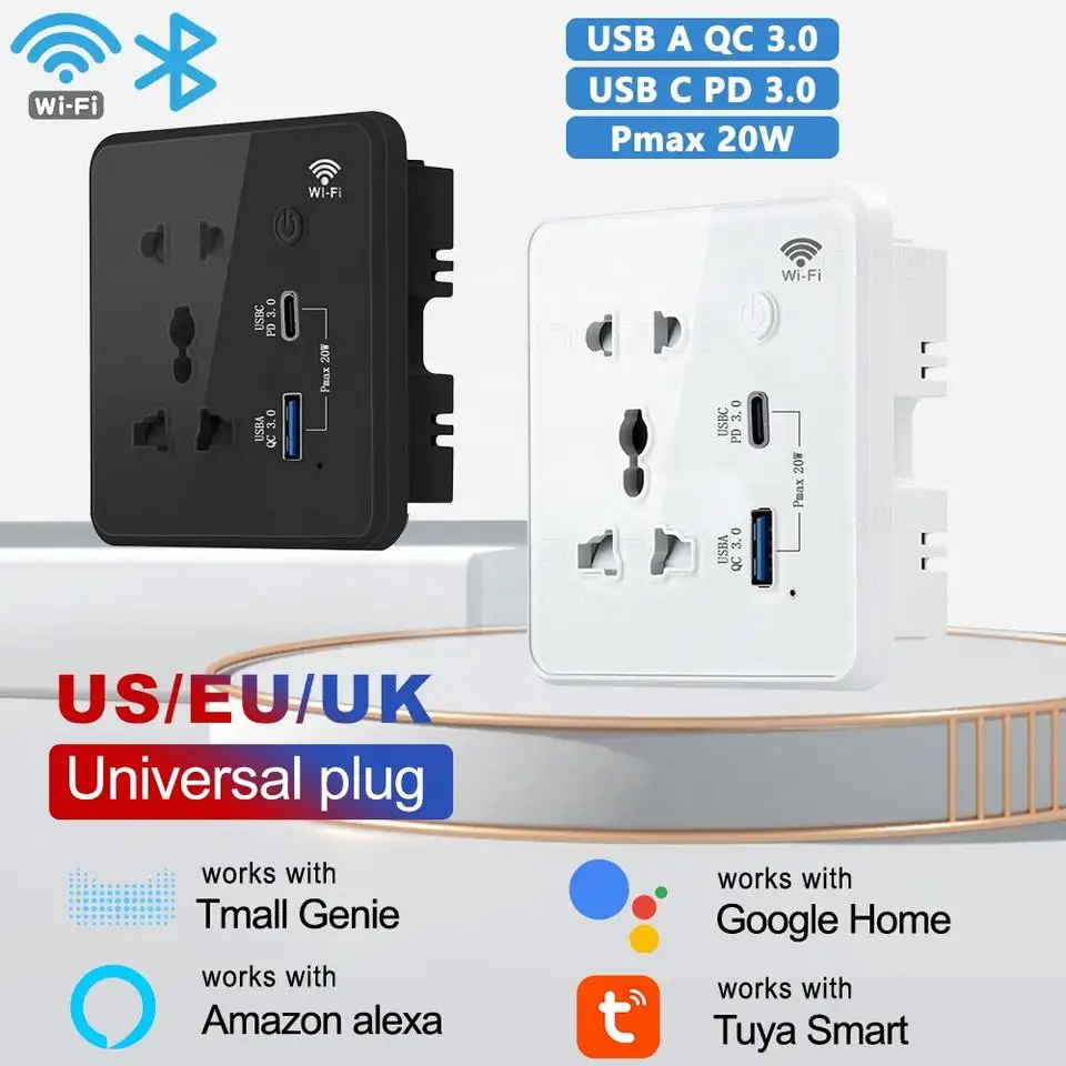 Glomarket Smart Power Home Tuya 13A Outlet Wifi Smart Universal Power Wall Plug With USB Type C Grass Panel Smart Plug Socket