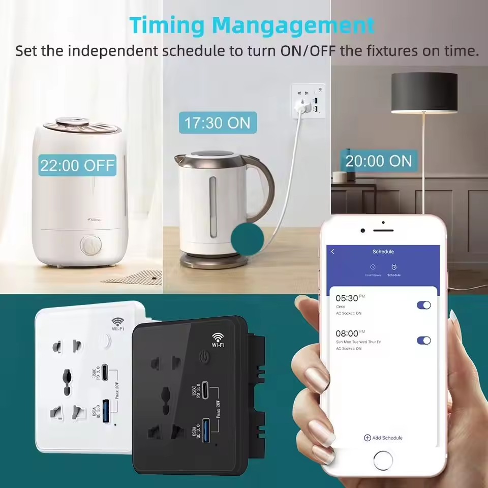 Glomarket Smart Power Home Tuya 13A Outlet Wifi Smart Universal Power Wall Plug With USB Type C Grass Panel Smart Plug Socket