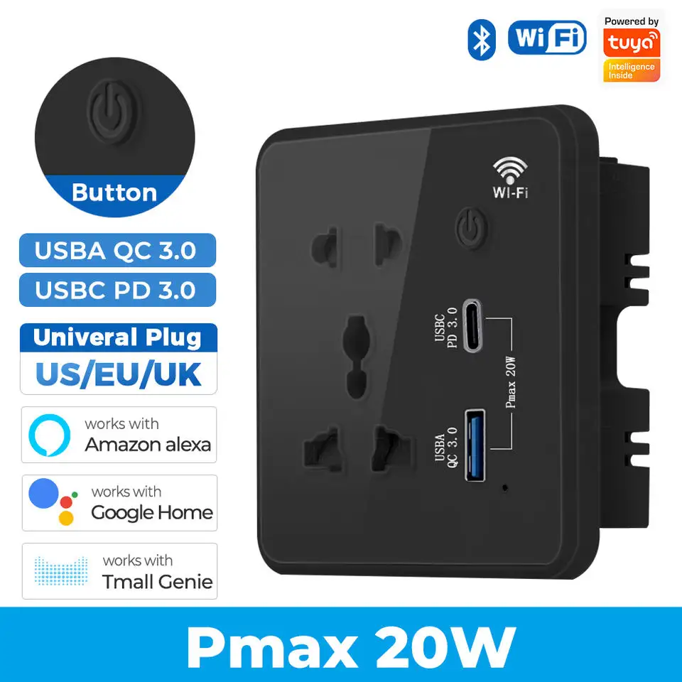 Glomarket Smart Power Home Tuya 13A Outlet Wifi Smart Universal Power Wall Plug With USB Type C Grass Panel Smart Plug Socket