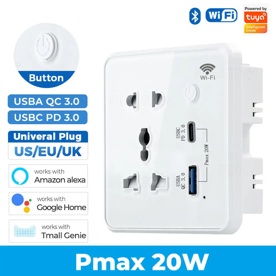 Glomarket Smart Power Home Tuya 13A Outlet Wifi Smart Universal Power Wall Plug With USB Type C Grass Panel Smart Plug Socket