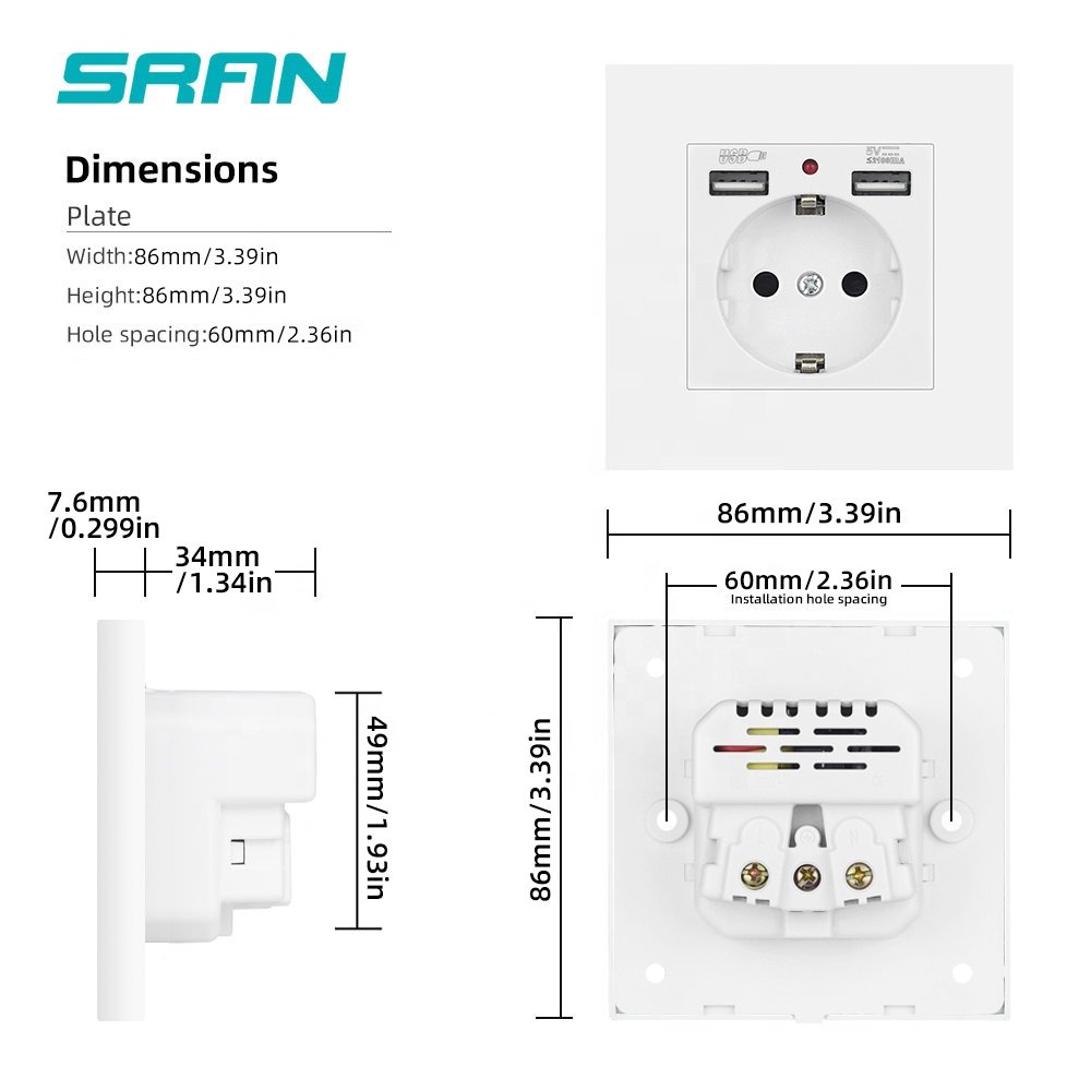 Socket with usb and type c eu power wall switch plug charger usb socket