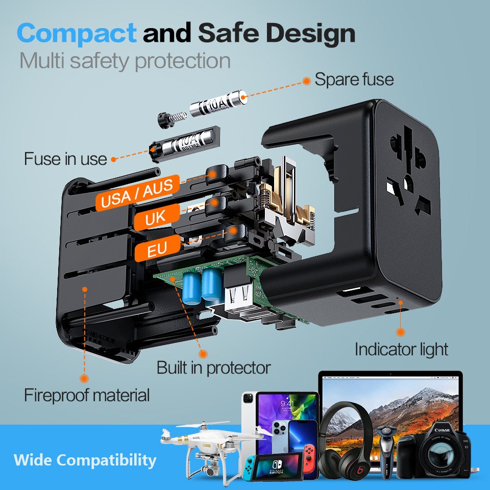 Universal Travel Adapter International Travel Plug Adaptor All in One Worldwide Wall Charger with USB and Type-C