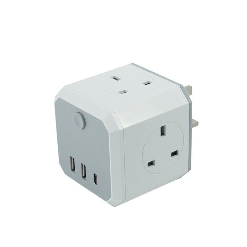 home office UK power Cube Extension Lead with USb-C 4 Way Power Strip with 3 USB Ports Rubik's Cube UK Power Socket with Switch