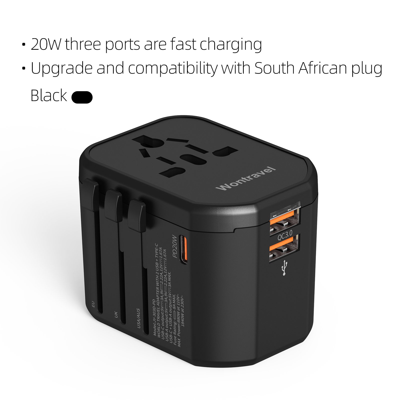 Wontravel 20W PD Dual USB International Travel Adaptor Multi Plug Charger Uk to South Africa Travel Adapter