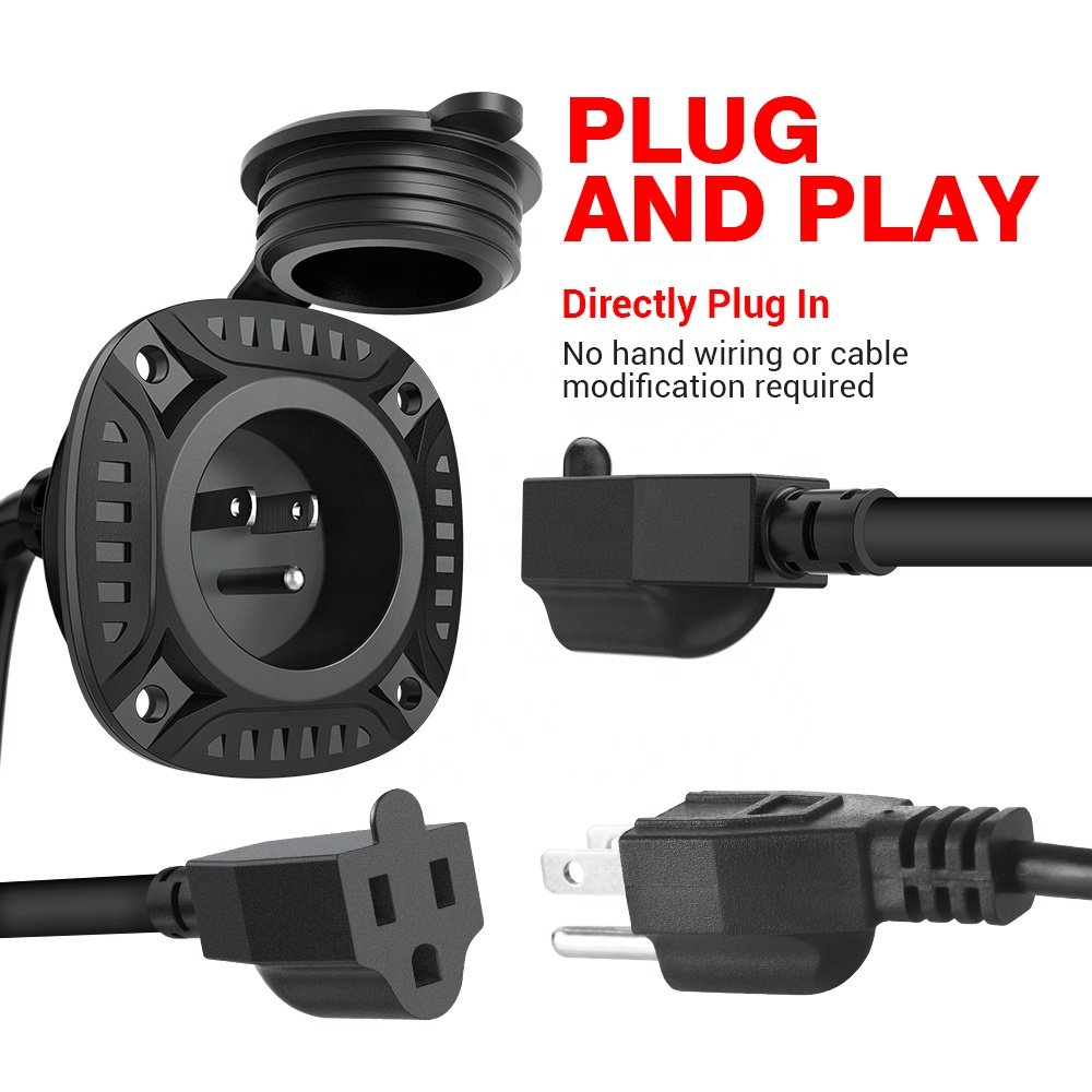 15Amp 125 Volt Power Inlet Socket AC Port Plug 18" Integrated Extension Wire Cord Y Splitter Cable