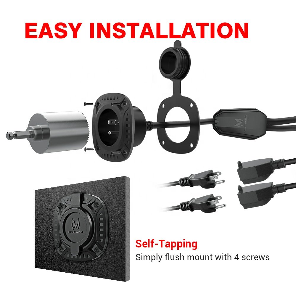 15Amp 125 Volt Power Inlet Socket AC Port Plug 18" Integrated Extension Wire Cord Y Splitter Cable