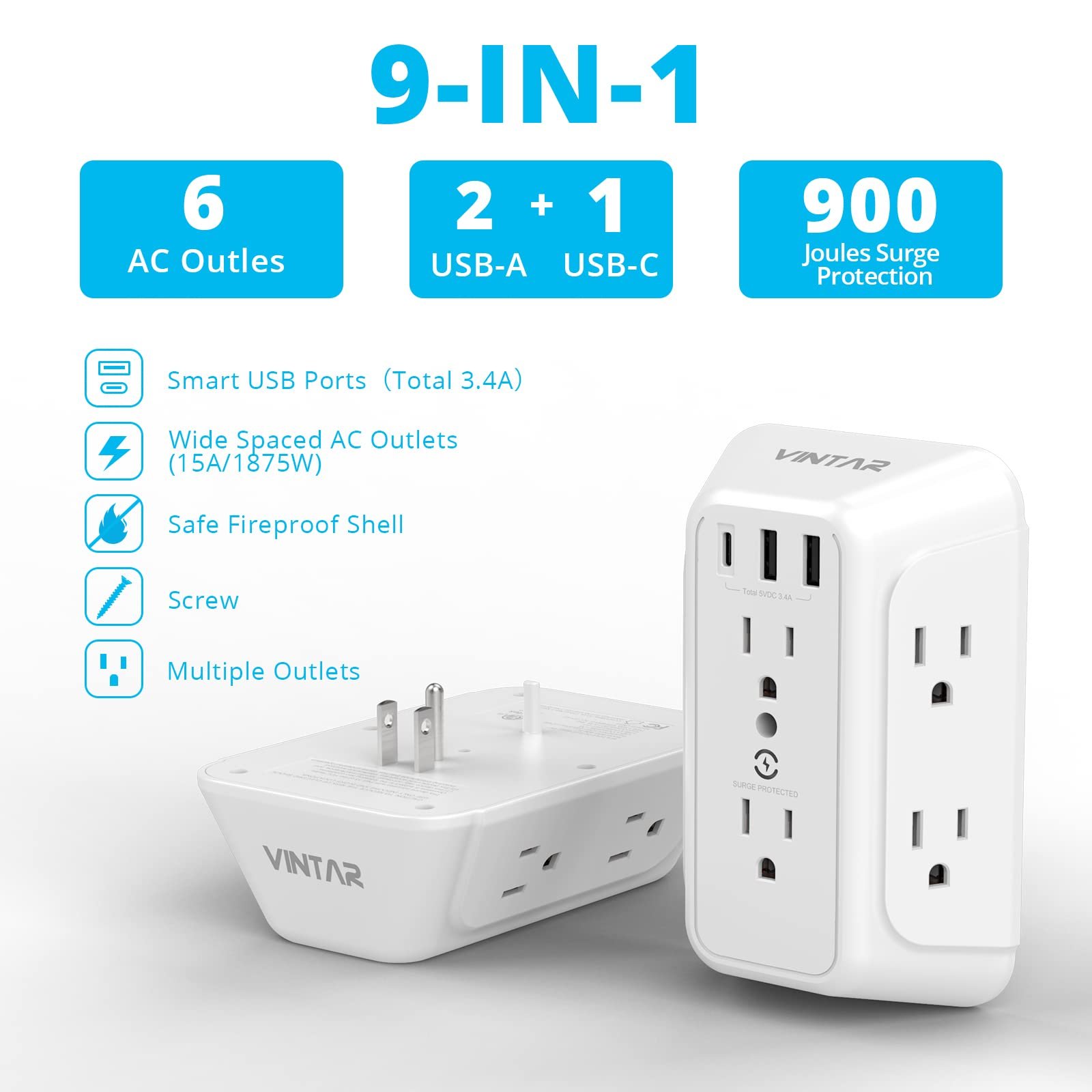 VINTAR Surge Protector Multi Plug Outlets 6AC Outlets Extender USB Wall Charger Wall Mount Power Strip