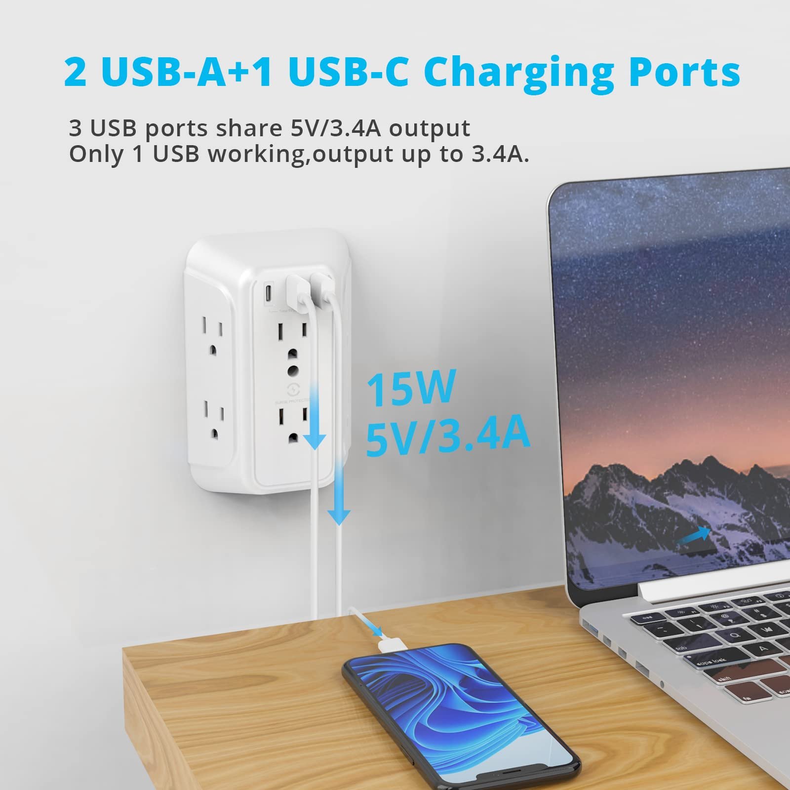 VINTAR Surge Protector Multi Plug Outlets 6AC Outlets Extender USB Wall Charger Wall Mount Power Strip