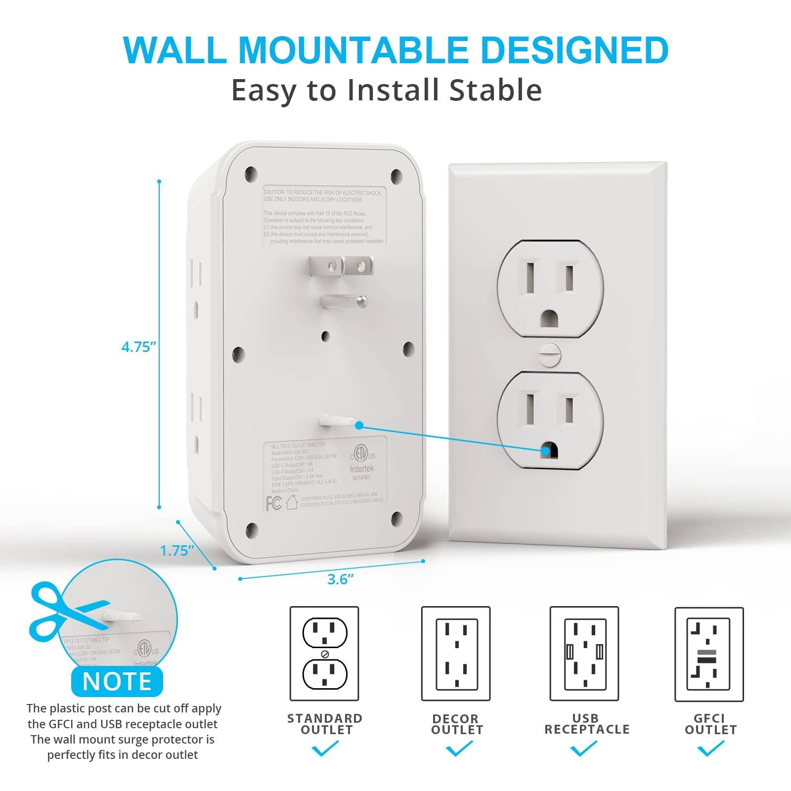 VINTAR Surge Protector Multi Plug Outlets 6AC Outlets Extender USB Wall Charger Wall Mount Power Strip