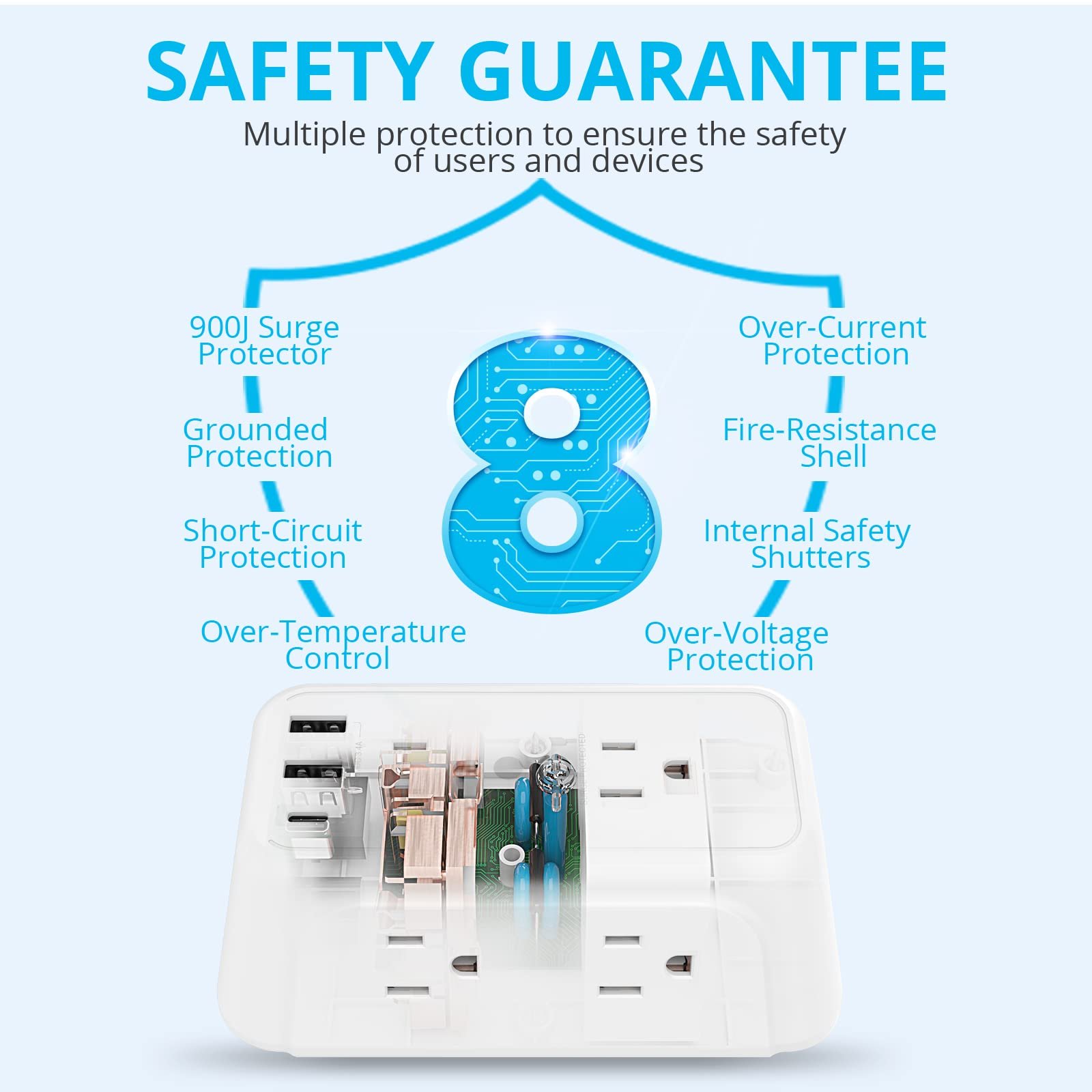 VINTAR Surge Protector Multi Plug Outlets 6AC Outlets Extender USB Wall Charger Wall Mount Power Strip