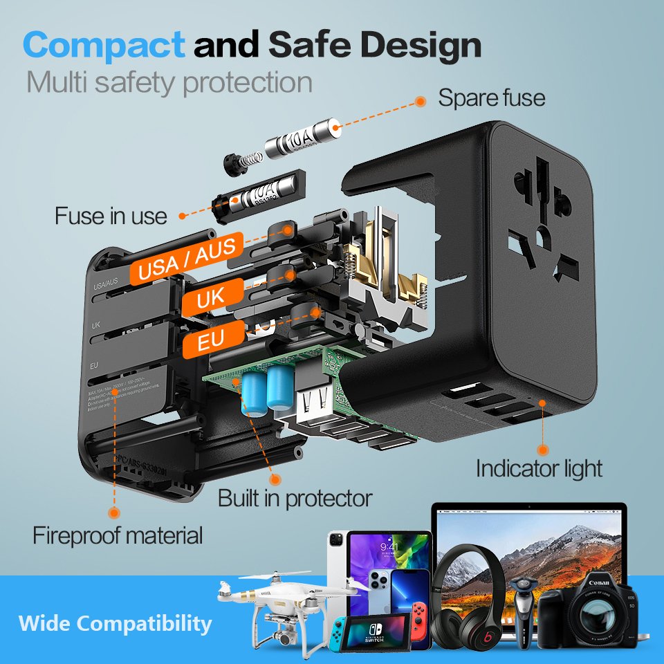 Worldplug UK EU US AU wall outlet converter charger adaptor international universal world travel plug adapter with 4 usb