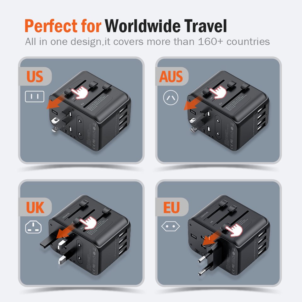 Worldplug UK EU US AU wall outlet converter charger adaptor international universal world travel plug adapter with 4 usb