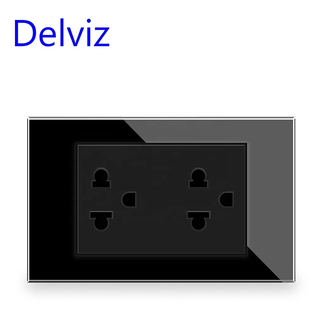 Delviz Tempered crystal glass panel 120mm*72mm, AC 110~250V, Thailand 15A Electric plug Outlet, Thai Standard Wall Power Socket