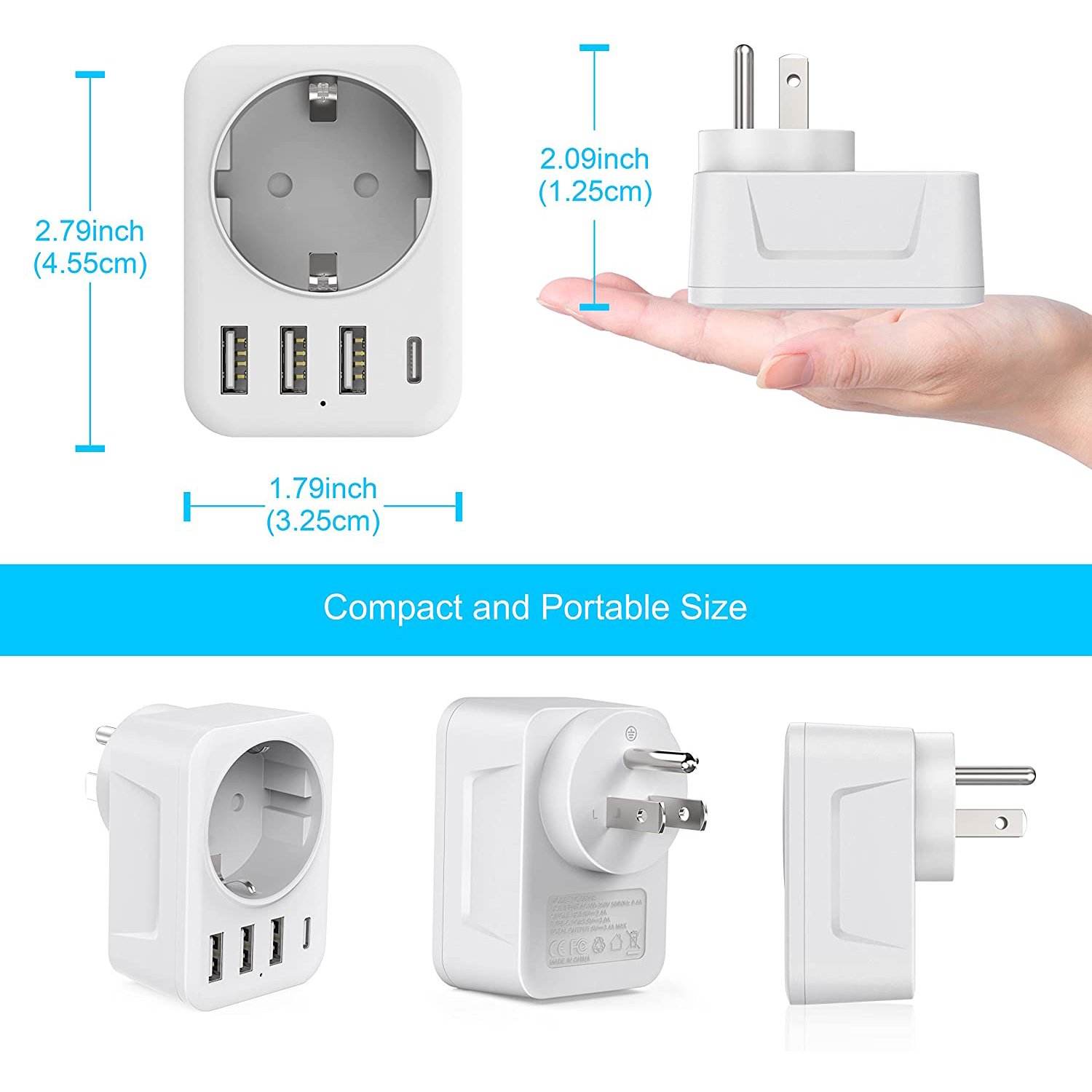 5-in-1 Travel Adapter with 3 USB + 1 Type C (3.4A) USA Socket Type B Adapter for Germany Plug AC Current EU Plug Standard