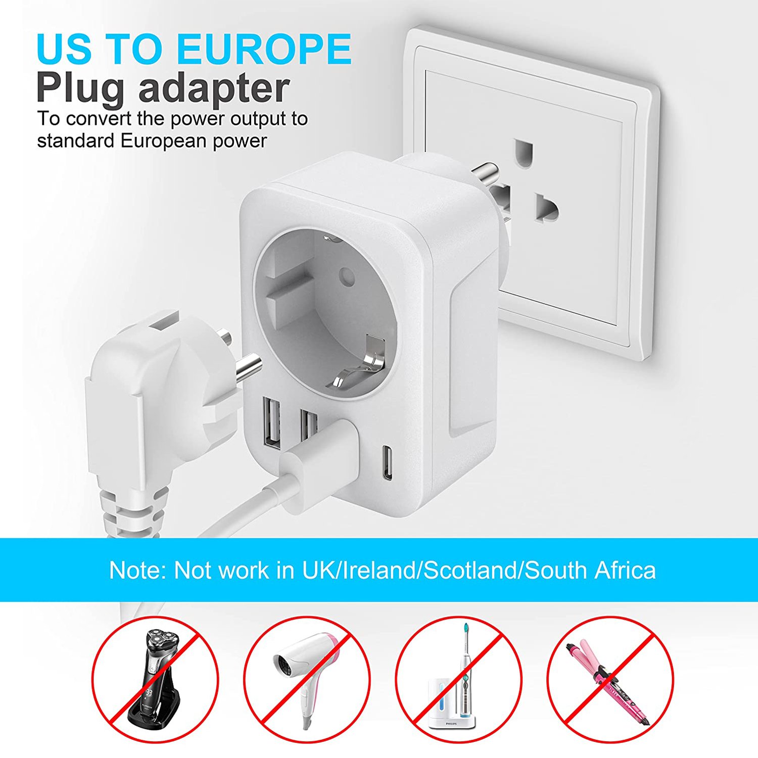 5-in-1 Travel Adapter with 3 USB + 1 Type C (3.4A) USA Socket Type B Adapter for Germany Plug AC Current EU Plug Standard