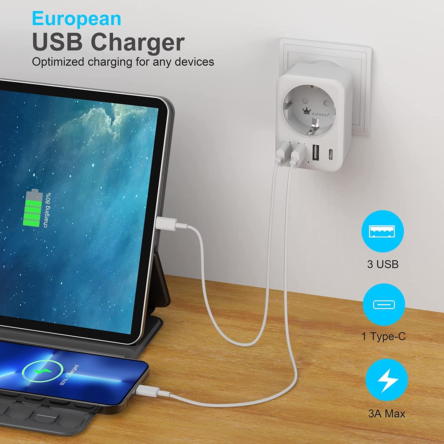5-in-1 Travel Adapter with 3 USB + 1 Type C (3.4A) USA Socket Type B Adapter for Germany Plug AC Current EU Plug Standard