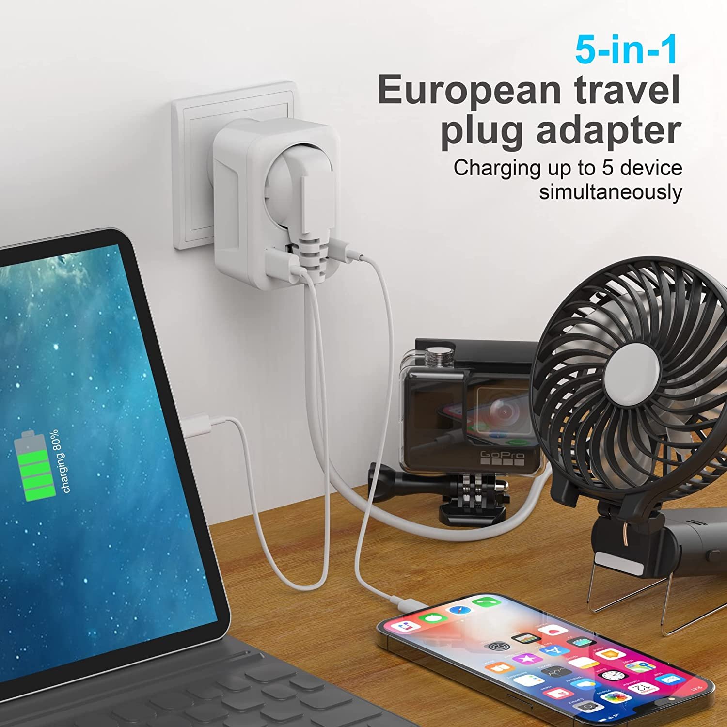 5-in-1 Travel Adapter with 3 USB + 1 Type C (3.4A) USA Socket Type B Adapter for Germany Plug AC Current EU Plug Standard