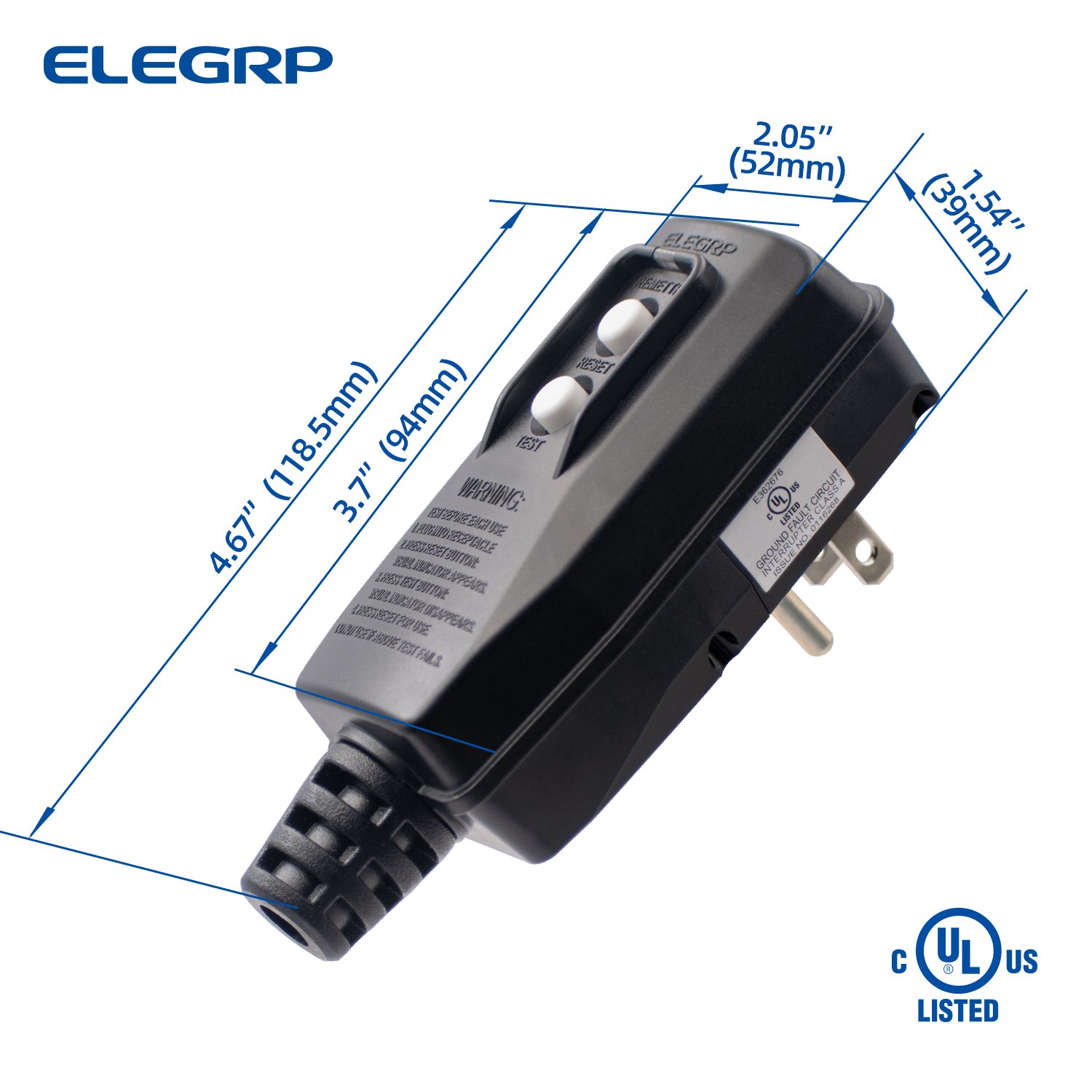 5-15P 15A 3 prong self-test ul listed right angle portable GFCI plug